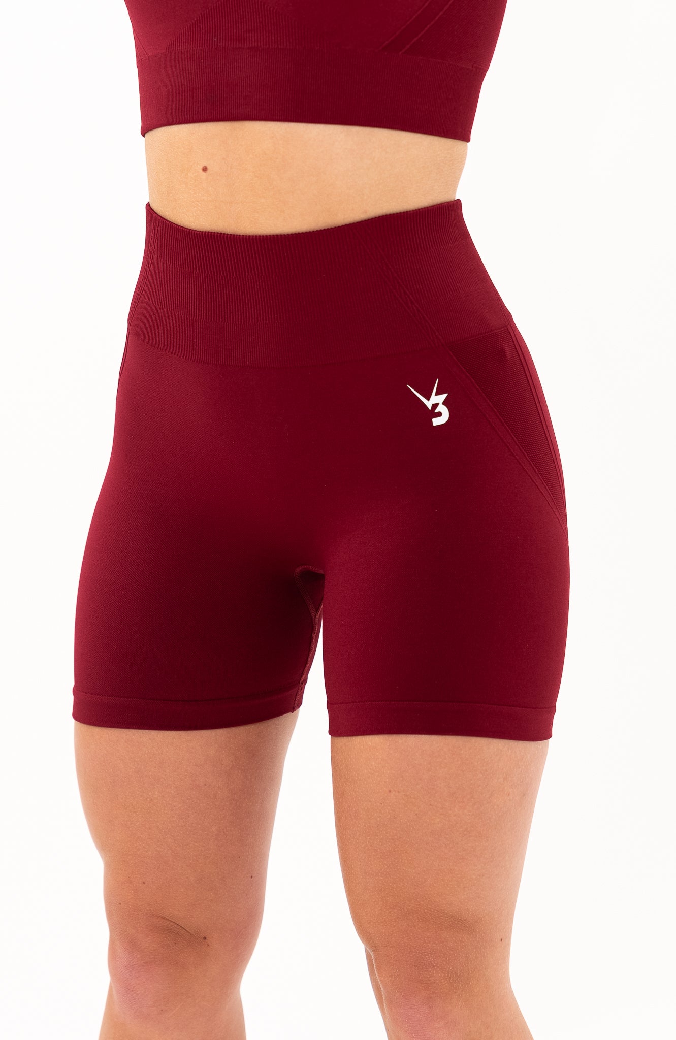 V3 Apparel Women's Tempo seamless scrunch bum shaping high waisted cycle shorts in burgundy red – Squat proof 5 inch leg gym shorts for workouts training, Running, yoga, bodybuilding and bikini fitness.