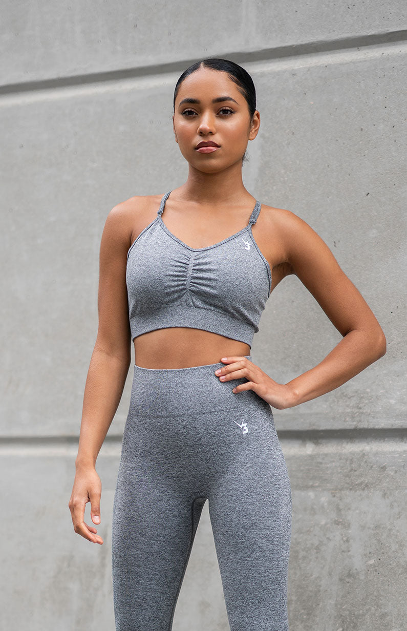 V3 Apparel Women's seamless Define training sports bra in grey marl with removable padded cups and strap for gym workouts training, Running, yoga, bodybuilding and bikini fitness.
